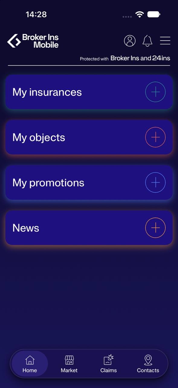 Broker Ins Mobile home screen – My insurances, My objects, My promotions and News, with a notice of expired third-party liability and technical inspection