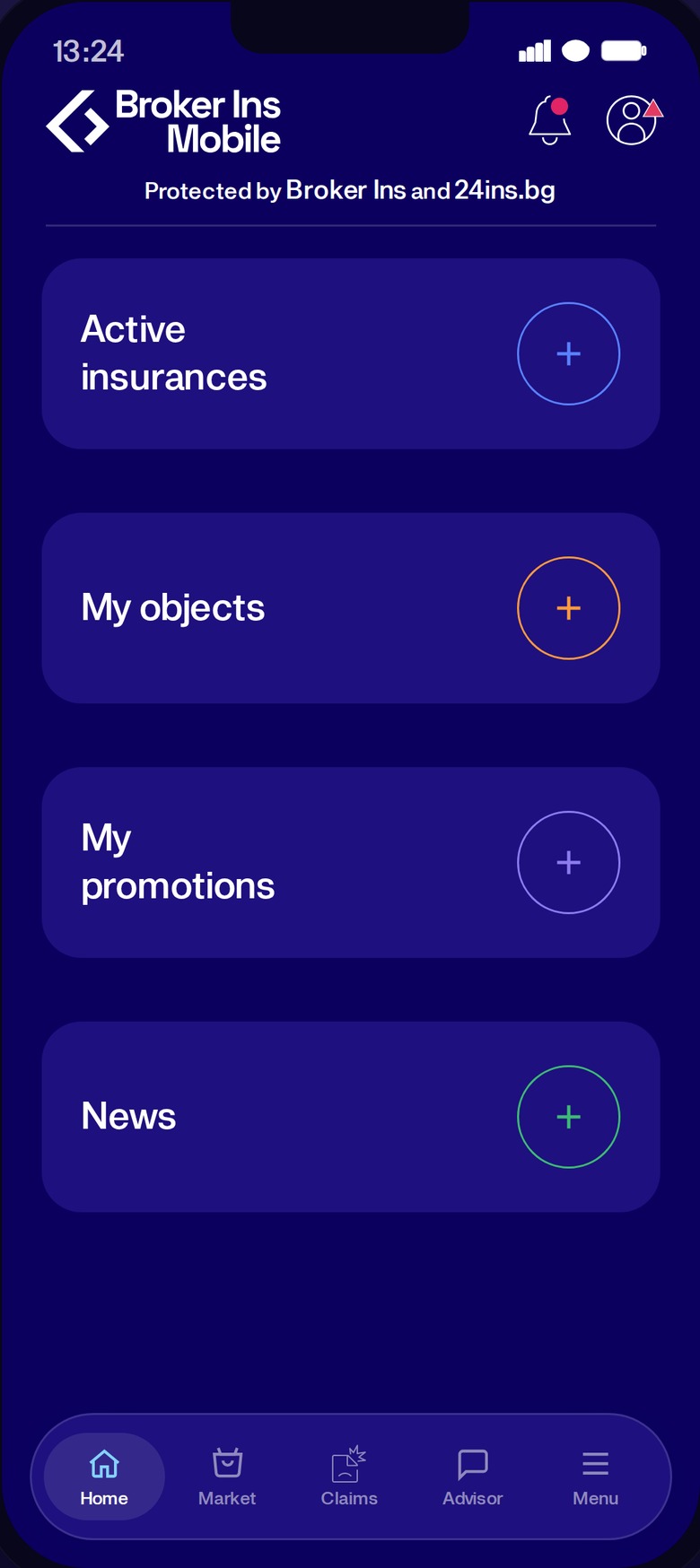 Broker Ins Mobile home screen — dark mode